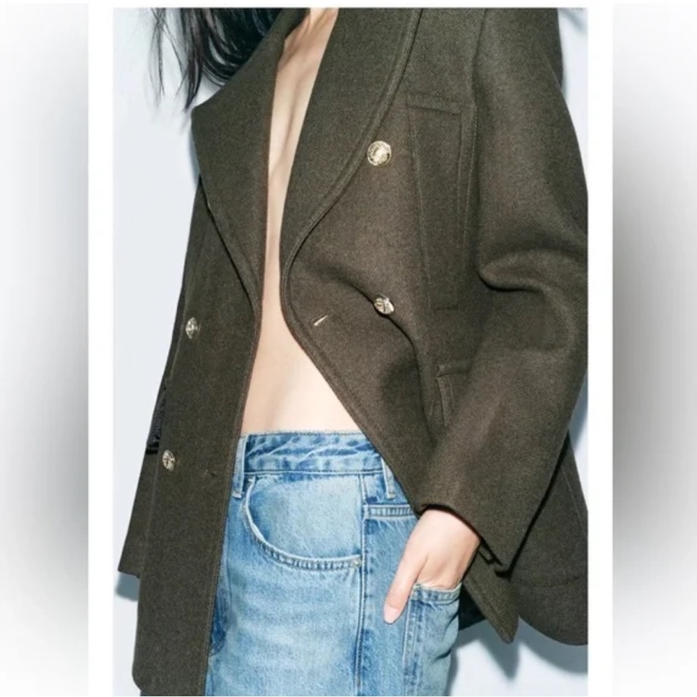 NWT Zara Wool Double-Breasted Pea Coat in Dark Olive Green Sz S - Picture 6 of 17